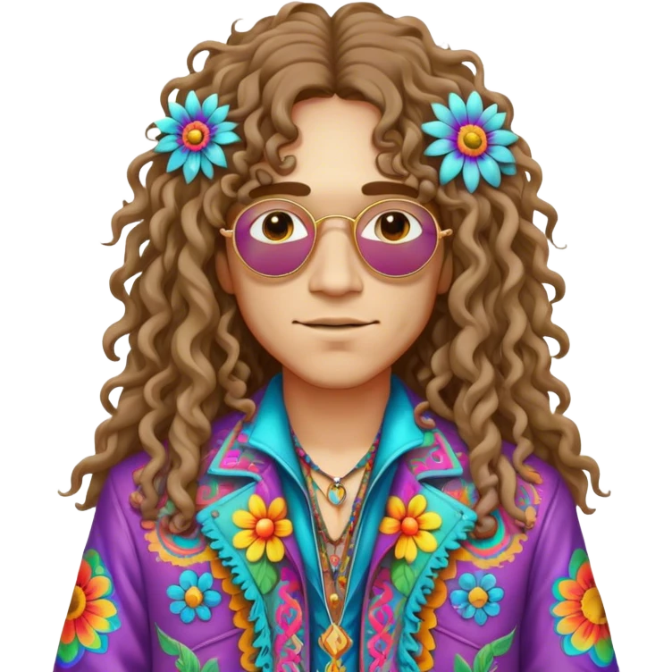 Create a 3D ultra detailed psychedelic colored hippie style flower border with a gorgeous hippie in the center with long curly hair and a fringed jacket emoji