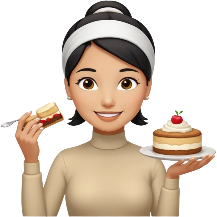  tan skin woman with long face, and short black hair slicked back ponytail with forehead showing, white headband, wearing white turtleneck shirt, eating tiramisu smiling with middle parted hair emoji