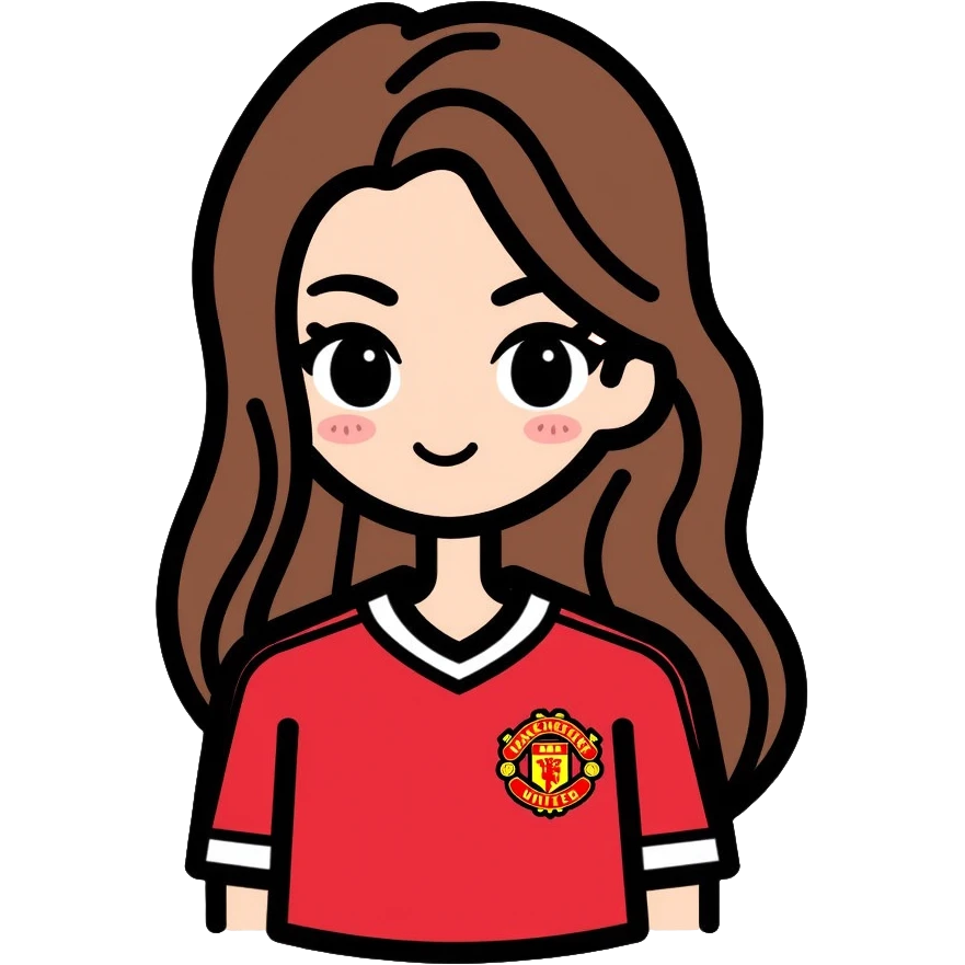 Cute girl with long straight brown hair, brown eyes with mascara, makeup, wearing a Manchester United red football kit emoji