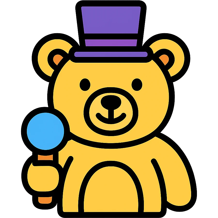 yellow bear plushy with a purple top hat and a mic emoji