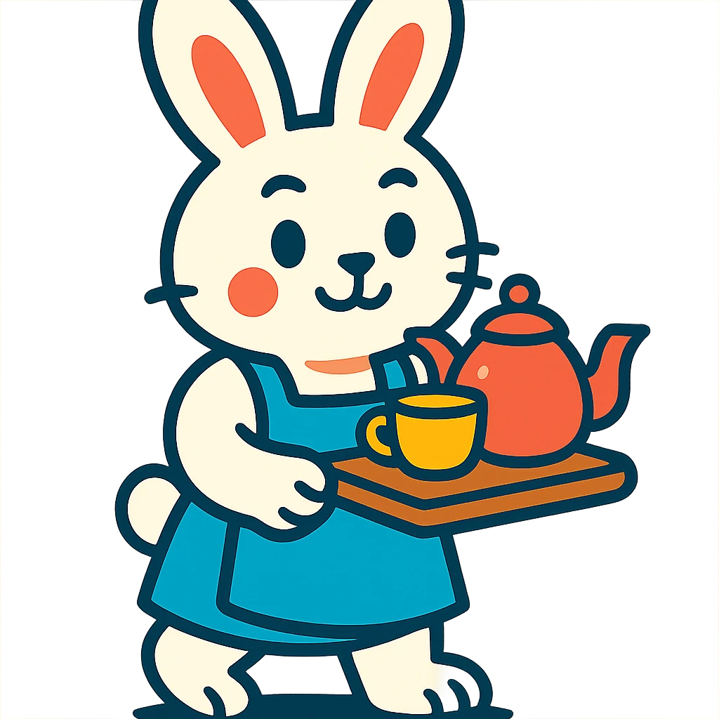 white bunny in apron holding tea tray, vibrant-toon style emoji
