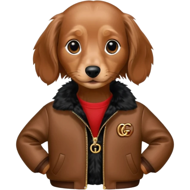 long haired mini dachshund wearing gucci jacket emoji