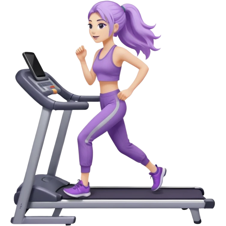 Девушка белокожая на беговой дорожке, с длинными светло-лиловыми волосами, в лиловом топе, в серых спортивных штанах, с черными ресницами emoji