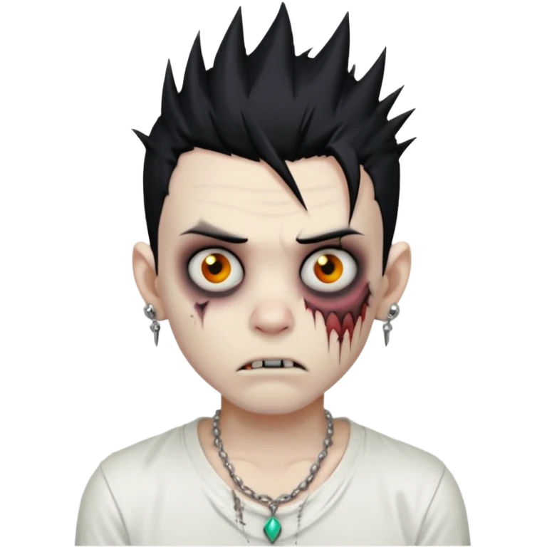 zombie boy with spiky emo black hair and white shirt , tattos, a risk on the eyebrow, earings,  a necklace emoji  emoji