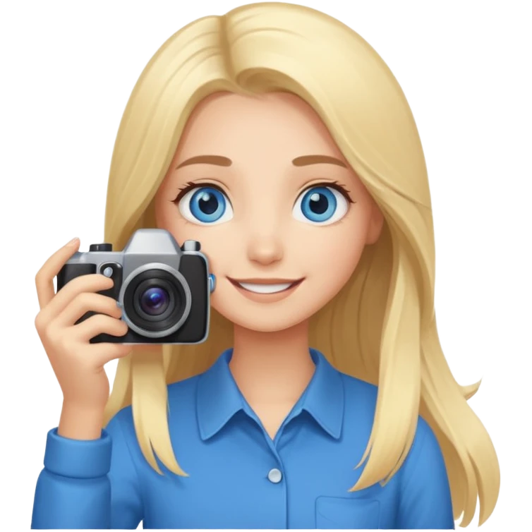  blue eyes blonde girl photographer cartoon taking picture in middle of taking picture camera in front of face long hair smiling funny flash professiona emoji