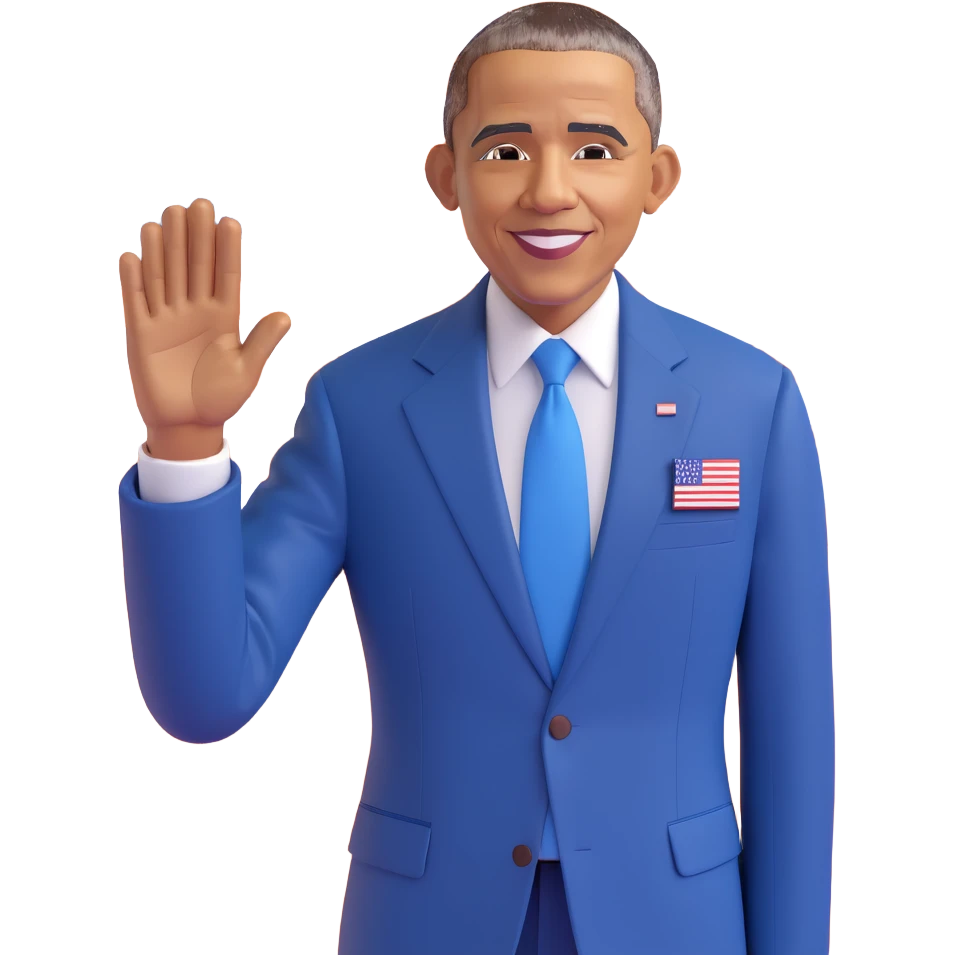 Barack Obama waving, cartoon emoji style, with a blue suit and American flag pin emoji