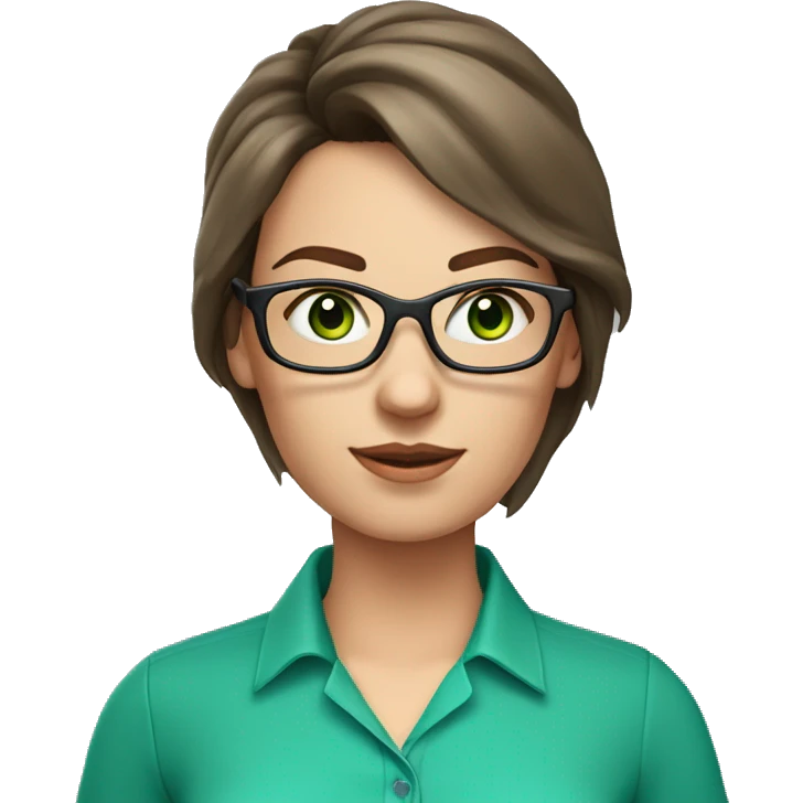 Female coding teacher with brunette hair, green eyes, fair skin, teal eye glasses and a pink shirt emoji
