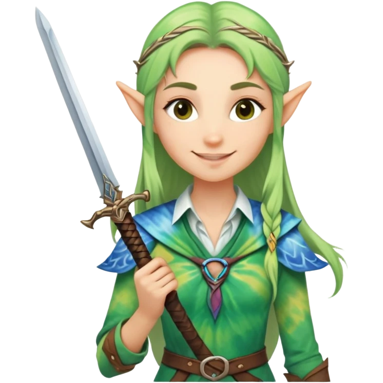 smiling elven woman with sword wearing tie dye emoji