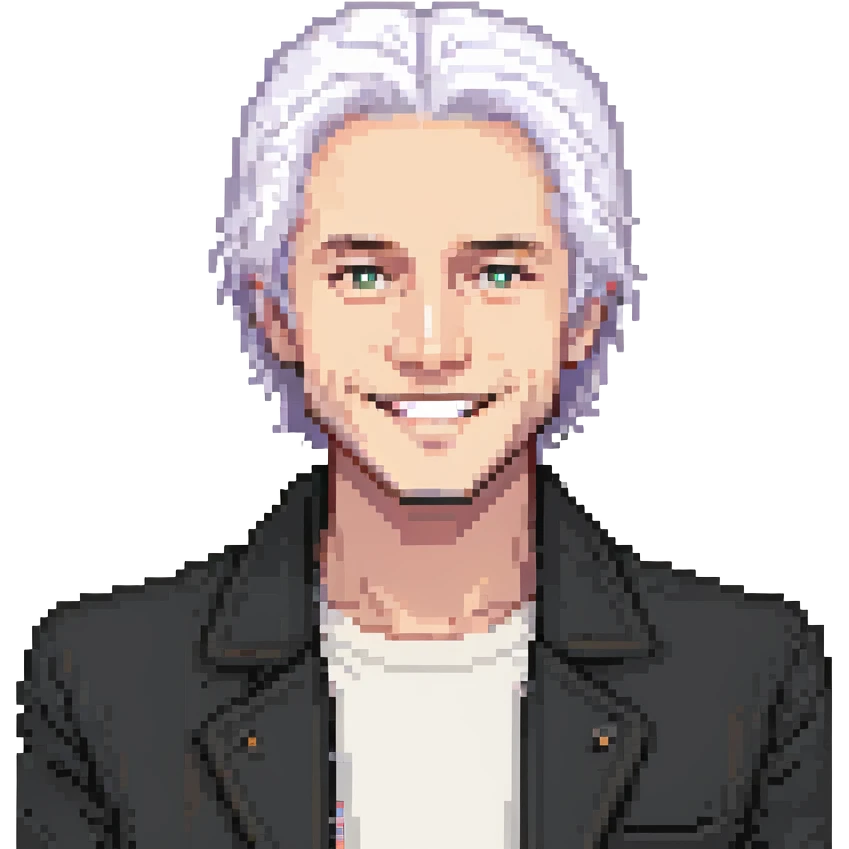 Man with white hair parted in the middle, black in color, shoulder-length, smiling, wearing a white shirt and a black jacket emoji