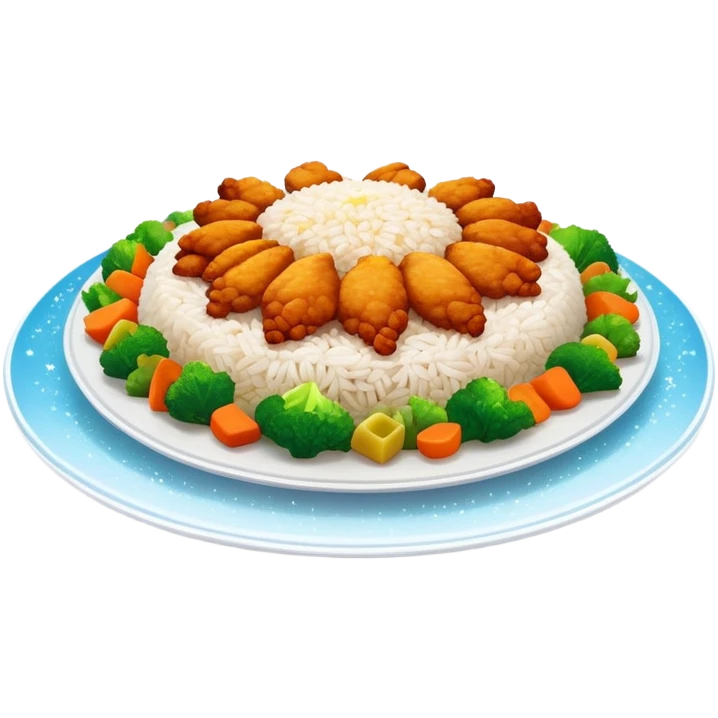 Magical floating plate with ethereal glowing rice, chicken pieces surrounded by sparkles, and enchanted Puerto Rican Boricua mix vegetables emoji