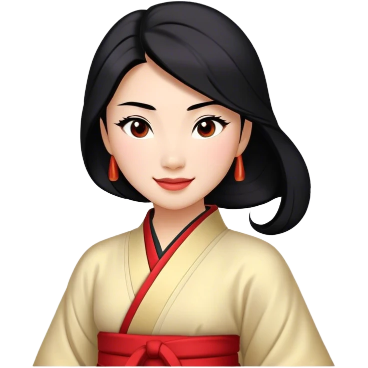 Cinematic Realistic Radiant Mulan Portrait, presenting Mulan with a warm, confident smile and lifelike light-toned skin that appears almost luminous under natural daylight. Her sleek black hair is rendered in meticulous detail, and her traditional robe—accented with understated red highlights—is depicted with realistic fabric textures and folds. The overall image exudes a gentle, inviting glow, high shine, and refined detail that captures her poised elegance and inner resilience in a painterly, authentic style. emoji