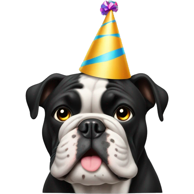 Solid Black bulldog with a party hat emoji