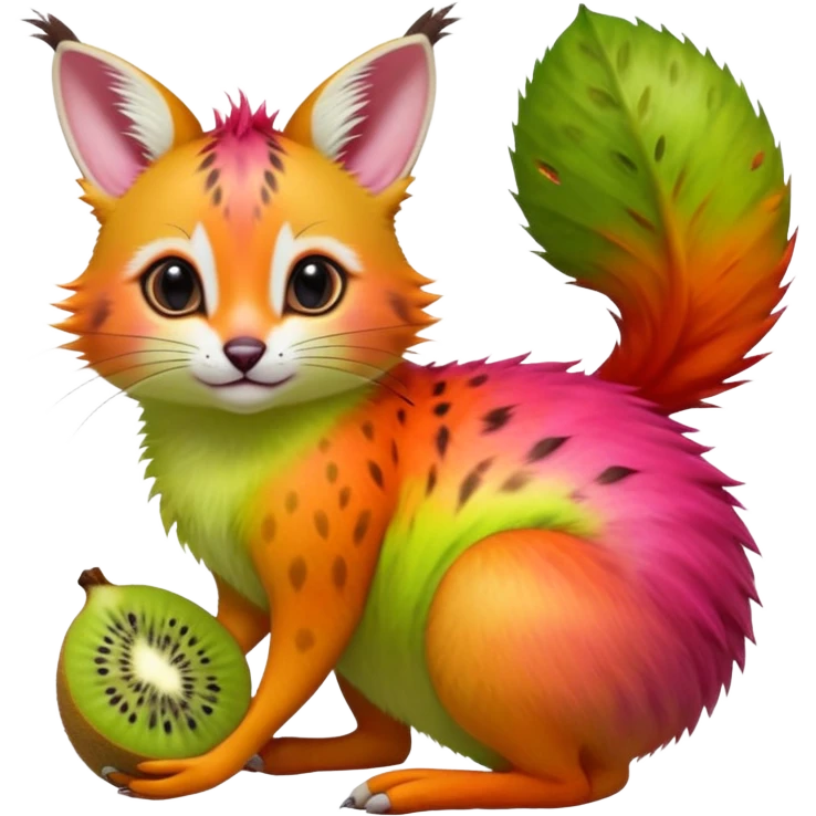 Hyper realistic  tropical-fruit-splash-colored fur of kiwi-green-lime-green-gradients, papaya-orange, and dragonfruit-pink chaos beautiful elegant pretty precious cute  Fakémon-Pokémon-opossum-feline-serval-caracal-chinchilla-Furret-Minccino-hybrid-creature with a big fluffy bushy tail (full body) emoji