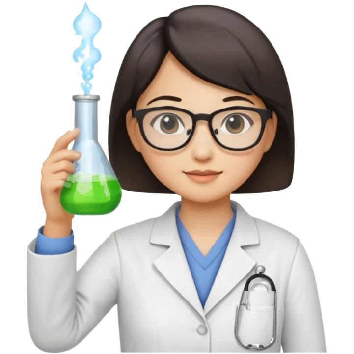 female asian chemistry teacher wearing glasses holdin a flask pointing right with straight short hair to her shoulders emoji