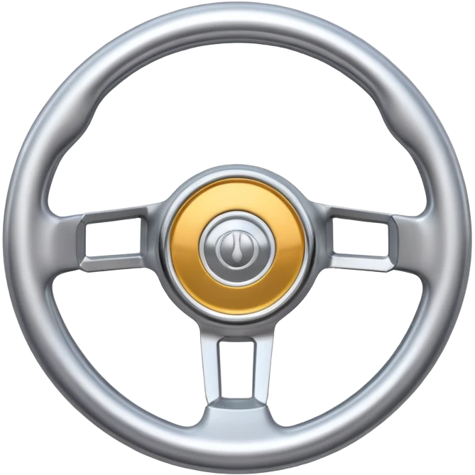 A futuristic steering wheel emoji made of silver chrome, minimal geometric design, smooth metallic surface, soft reflections, iOS emoji style, centered, clean white background emoji