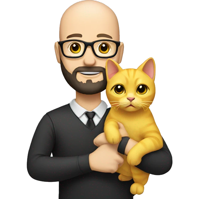 A bald white man with glasses and black beard holding a yellow cat in hand emoji