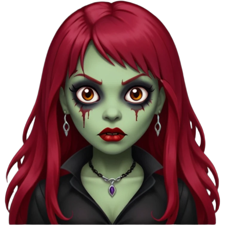 vampira gótica parda zumbi de cabelo longo e vermelho extremamente escuro e franja e roupa com decote e batom preto emoji