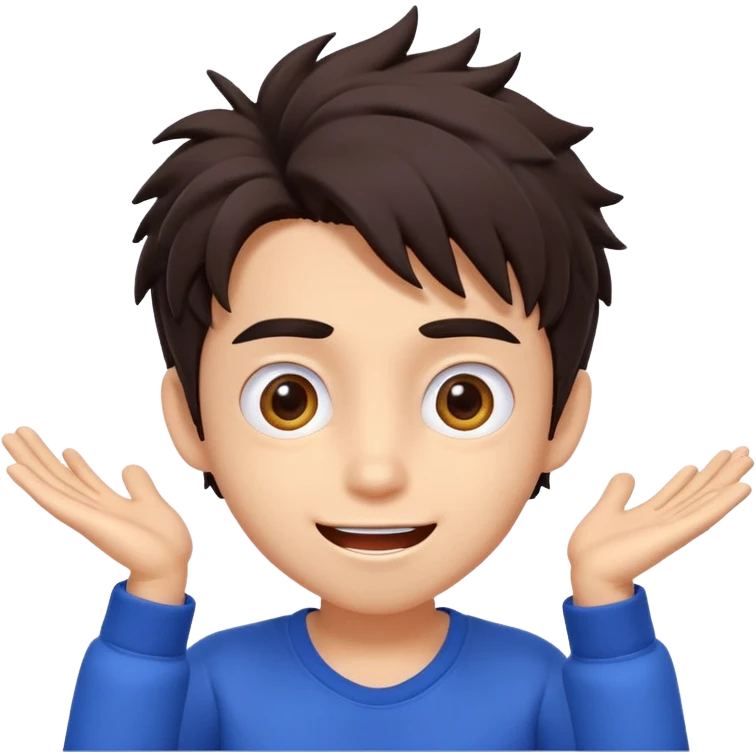 3D cartoon male character with big expressive eyes, messy dark hair, playful smile, energetic personality, vibrant K-pop animation style." emoji