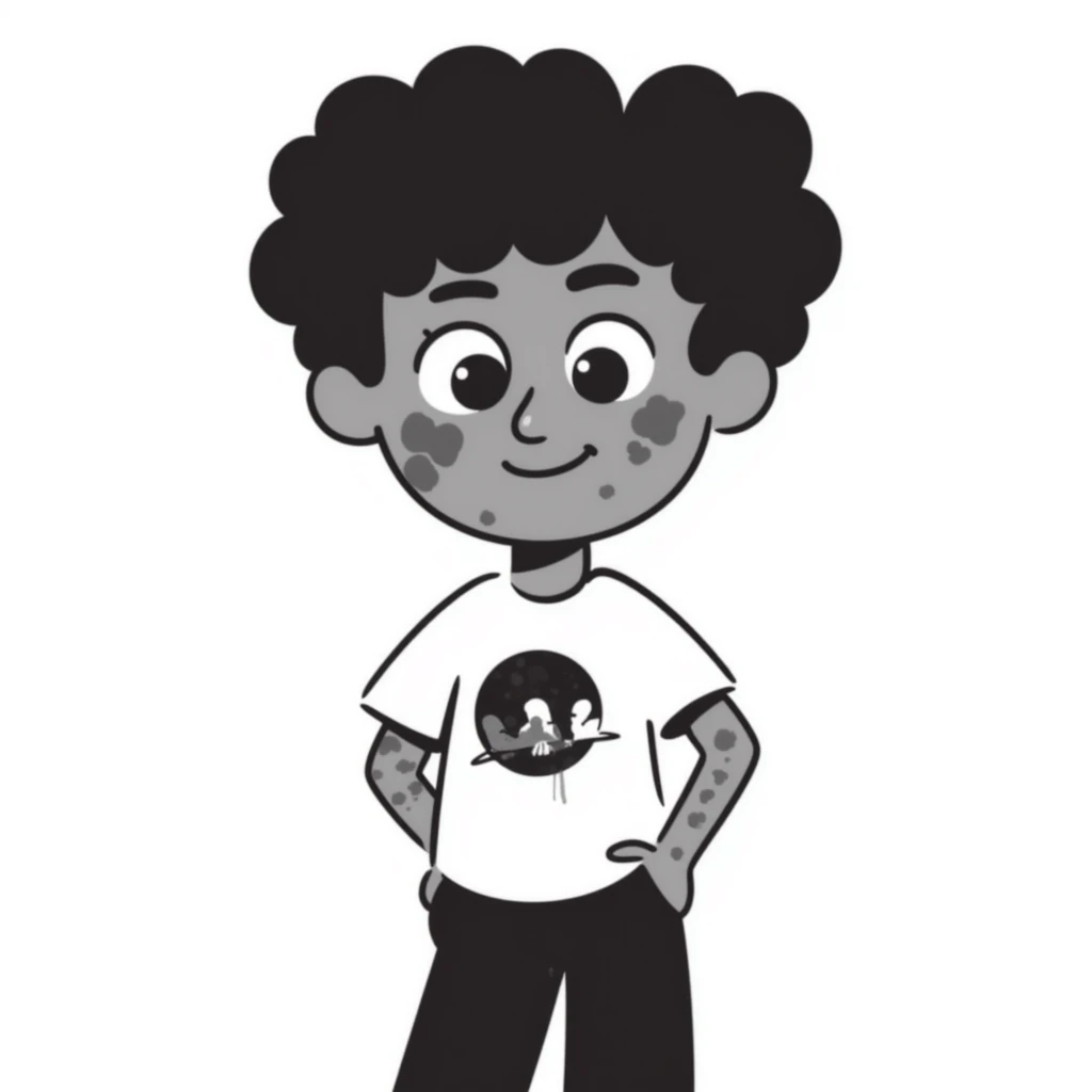 hand-drawn character with uneven skin tone representing hyperpigmentation, playful emoji