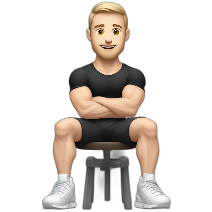 Pale skinned Fit Man With the biceps and dark brown hair in black shirt, gray sports shorts and white Sneakers Sitting on a chair emoji