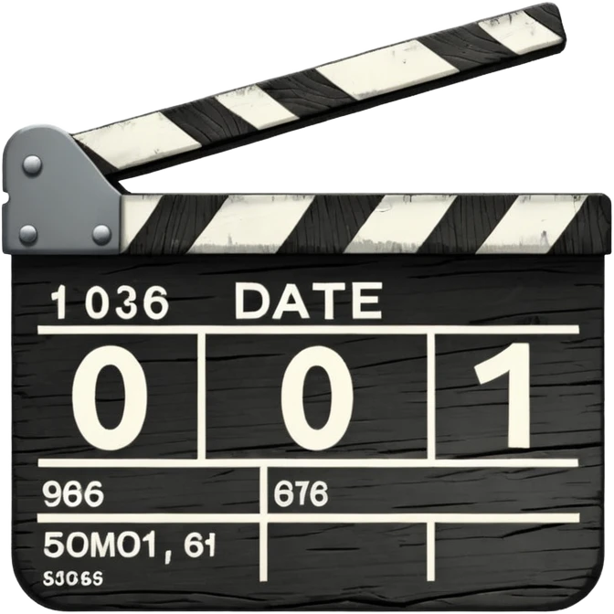 Minimalist emoji-style sticker of a cracked movie clapperboard with the date “06/06/66”, faint scorched marks, all in grayscale


 emoji