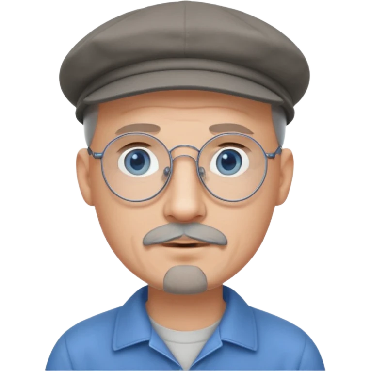 Bald, grey goatee, wire rim glasses, blue eyes, grey flat cap emoji