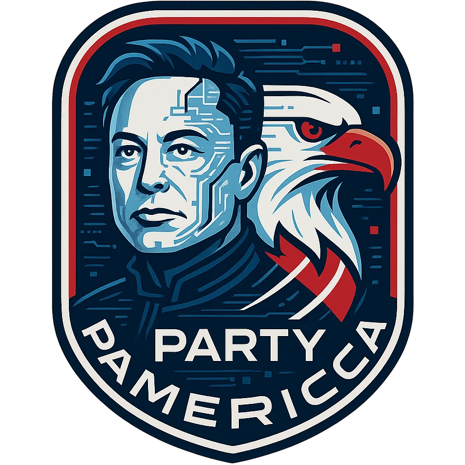 futuristic badge for 'Party America' showing a hybrid of Elon Musk and an American eagle, with 'Party America' text included, clean, tech-inspired style with patriotic colors emoji