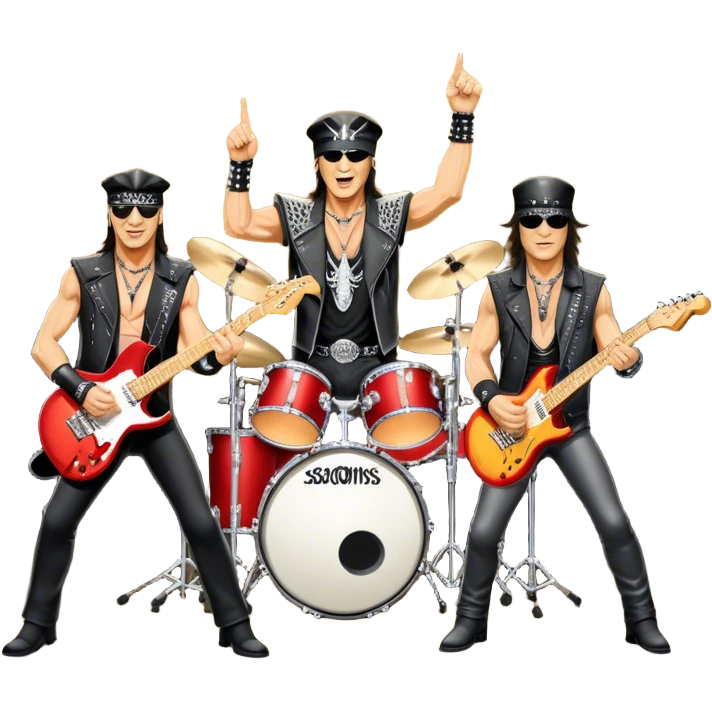 Icon for Rock Music: Scorpions live concert on stage with electric guitars, drums, and a powerful spotlight. Klaus Meine at the microphone, Rudolf Schenker and Matthias Jabs playing guitars, dynamic stage presence, and electric energy. Transparent background. emoji