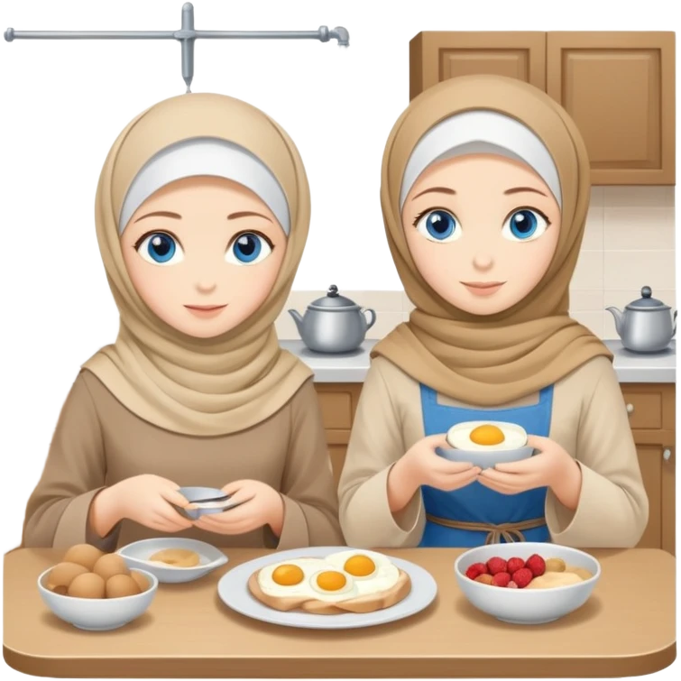 Turkish beautiful finish Konya two girls blue eyes with beige denim hijab islamic dress and make breakfast in breakfast house  emoji