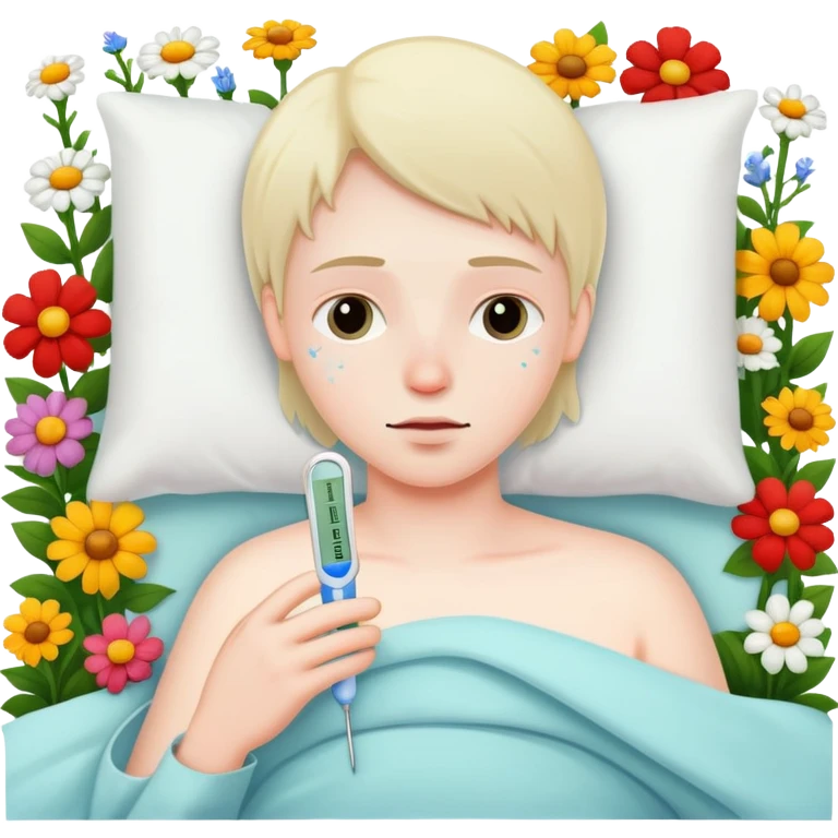 sick person in bed with thermometer and flowers emoji