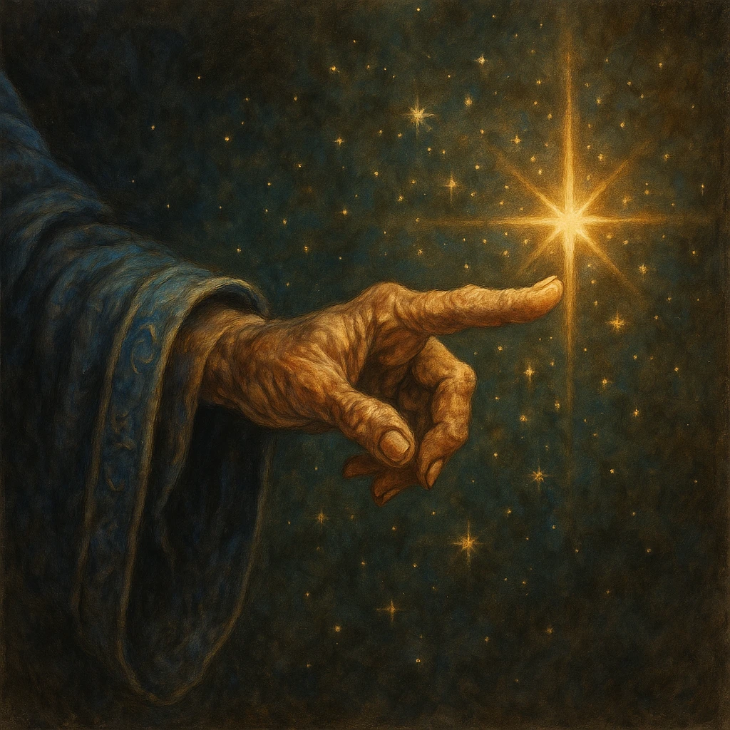 wizard-like hand pointing outward with sparkles and a star at the end of the finger, no text, fantasy style, not apple emoji style emoji