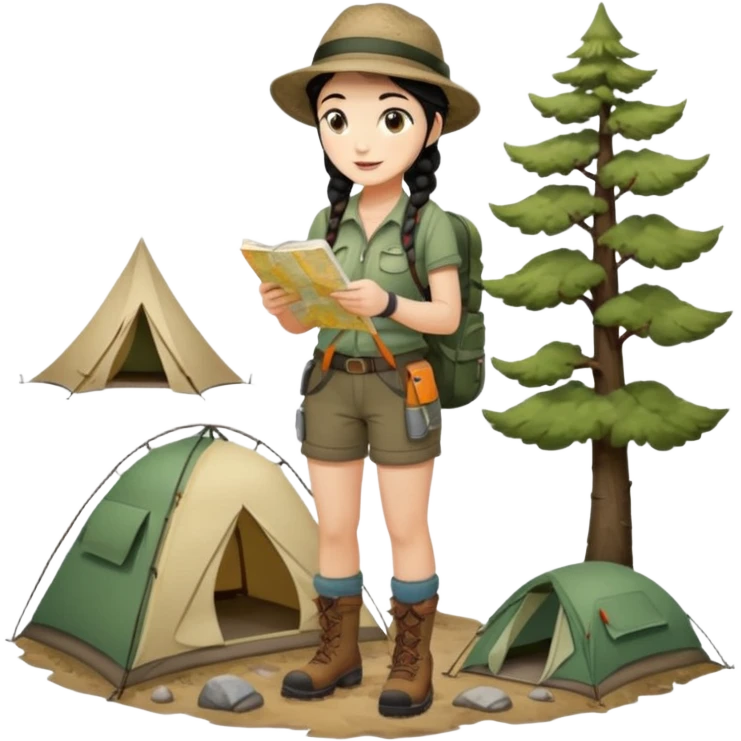 A braid black hair backpacking woman checking her map with curious eyes while walking wear camping hat and dirt covered boots full body emoji