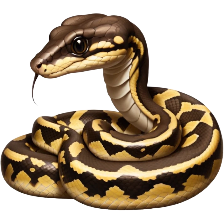 A photo-realistic digital illustration of a Ball Python, large headshot portrait. The snake has a short, rounded snout, smooth contours, and a calm, curious expression. Its head is warm brown with bold, irregular dark markings, including the signature “alien-head” pattern.  emoji
