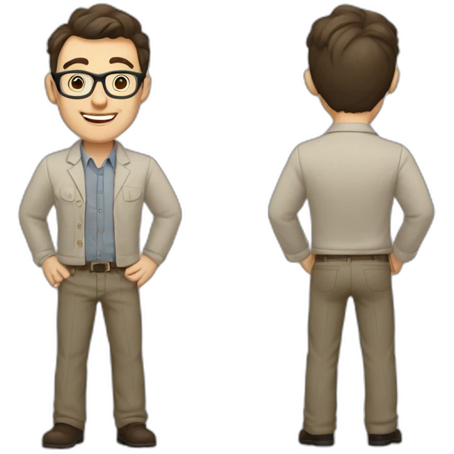 Joyful Full height Pale skinned Fit Man With dark brown hair in gray jacket, beige office shirt, Brown pants and vintage glasses. His thrumbs up emoji