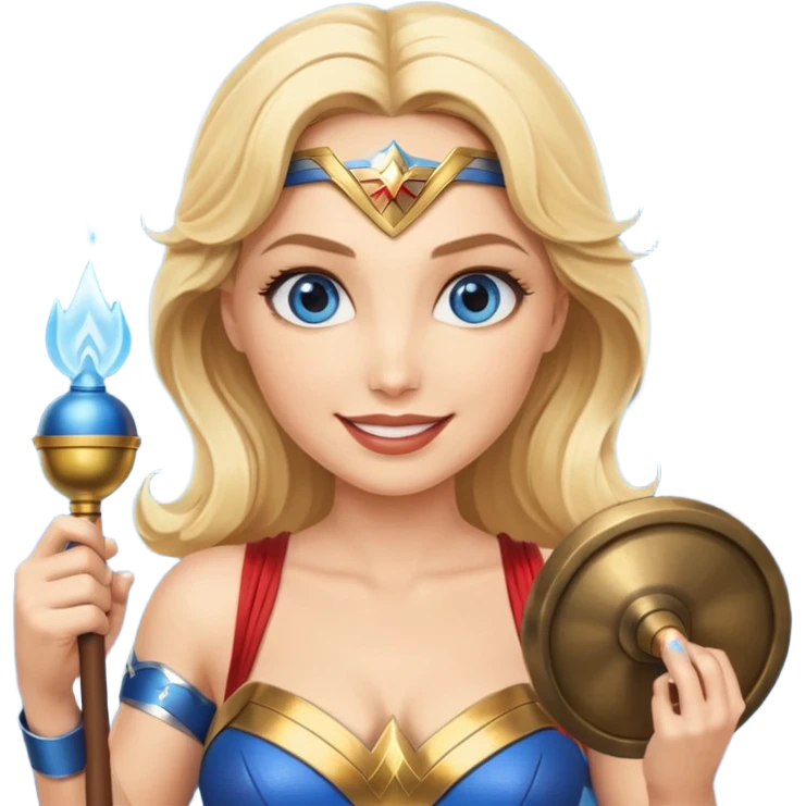 Blonde blue eyes Wonder Woman holding bell and baton emoji