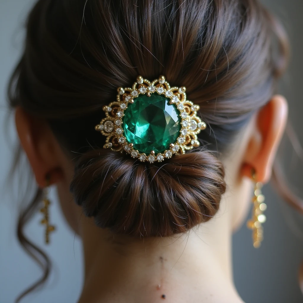 realistic hairclip with emerald gemstone, photorealistic style, detailed, high resolution emoji