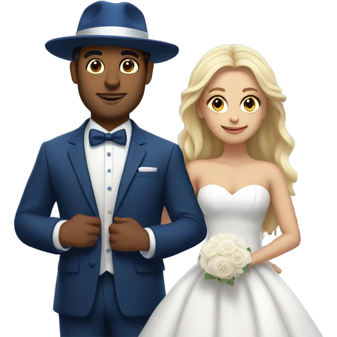 Puerto rican beard short hair with blue hat and navy blue suit getting Married with blond long hair girl with white  wedding dress  emoji