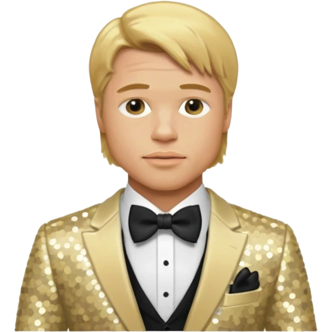 Brad Pitt with golden blonde hair, cream sequin suit with bow tie emoji