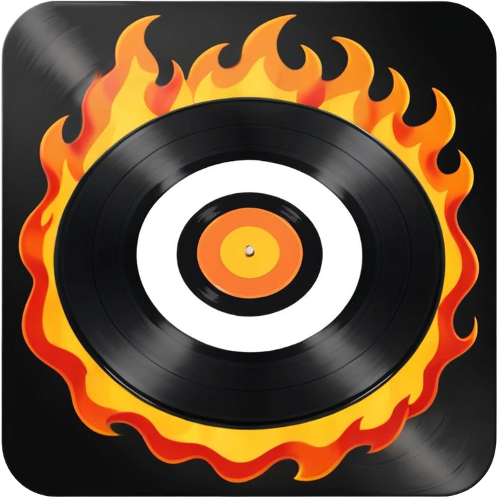 a black vinyl record on fire with a white center sticker emoji
