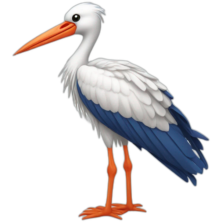  white stork with long legs and a long beak flying in the sky. The stork is carrying a blue bundle of cloth in its beak that has a cute baby face peeking out from it emoji