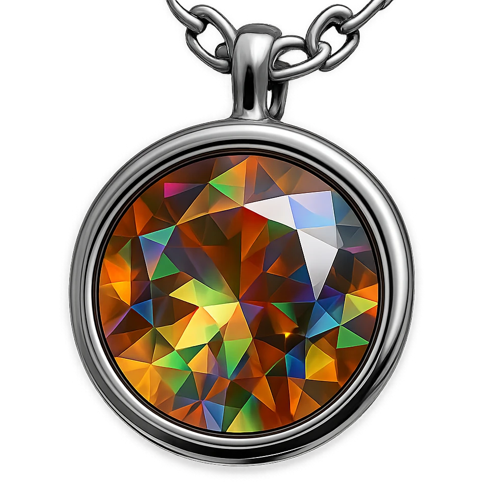 Add a silver chain or ornate setting to the round cut holographic amber charm, keeping the extreme close-up and original style emoji