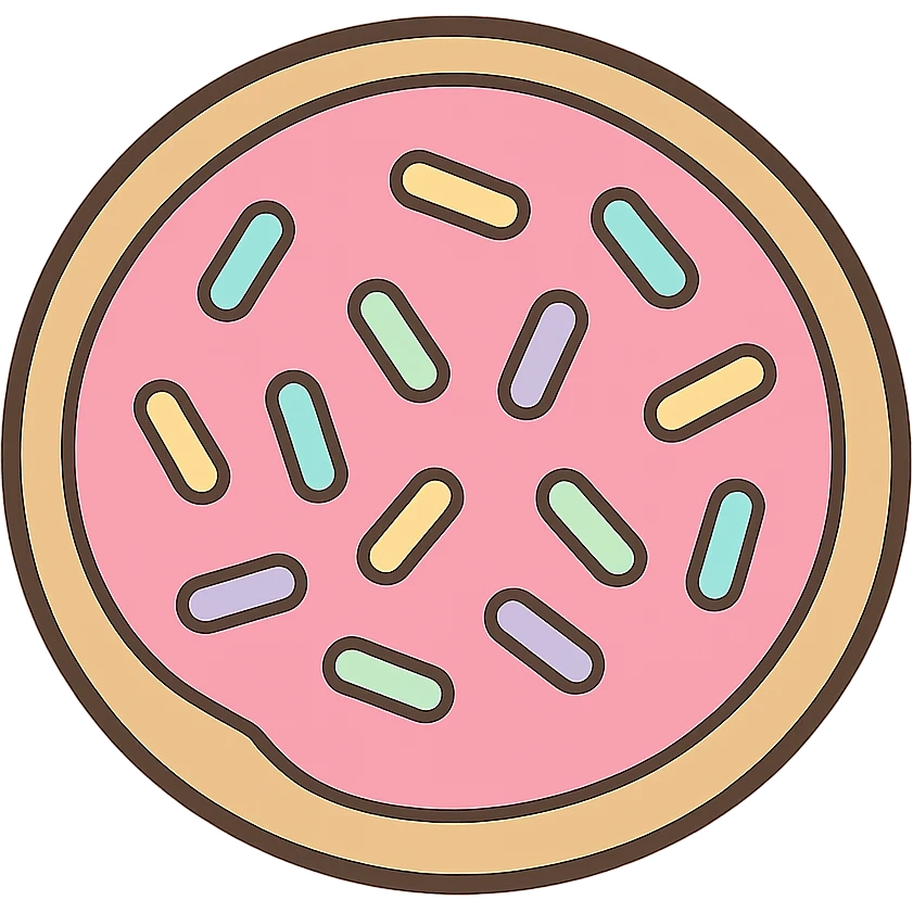 flat toon sugar cookie with pink icing and pastel sprinkles emoji