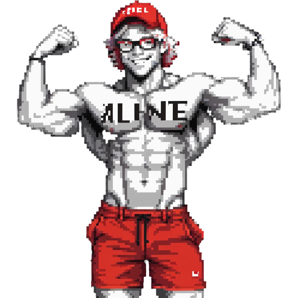 Thin man with defined muscles, black and white cap with VANOMAS text, bare torso, red shorts, clear glasses, messy light hair, flexing and smiling emoji