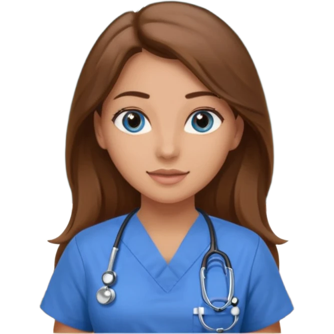 inside a classroom at university that says nursing school on the board with a pretty female nursing student with long brown hair, blue eyes emoji