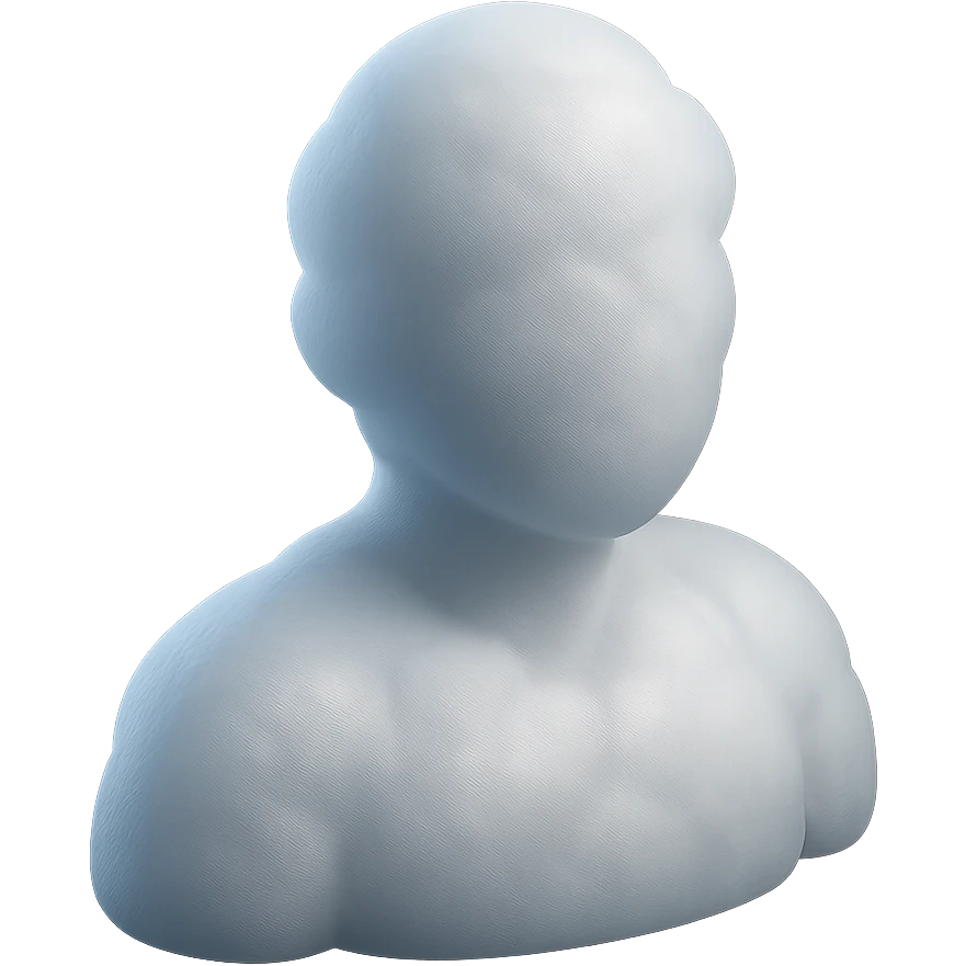 front view of a person made entirely of white fluffy convex clouds, shoulders up, matte glass style, no background, no extra details emoji