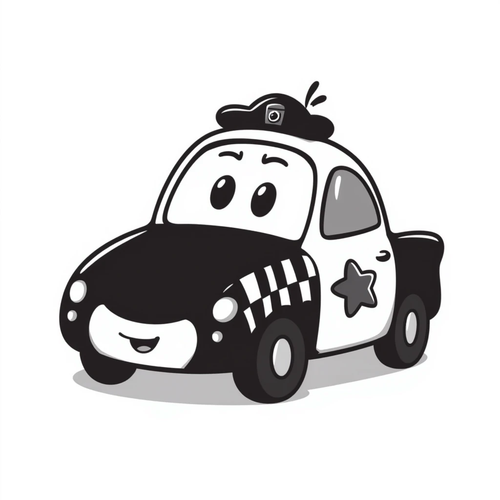 A hand-drawn police car with a determined, friendly face and a police hat emoji