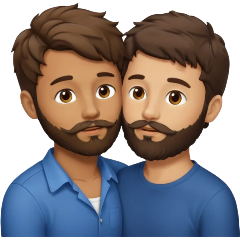 Two men kissing, one with a beard and a brunette with short hair and another with brown and wavy hair and a beard emoji