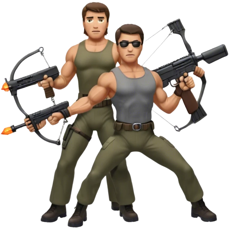 Icon for Action Movies: Schwarzenegger as John Matrix in Commando and Stallone as John Rambo in Rambo, both in iconic action poses with weapons, intense expressions, and explosive backgrounds. Powerful and dynamic with dramatic lighting. Transparent background. emoji