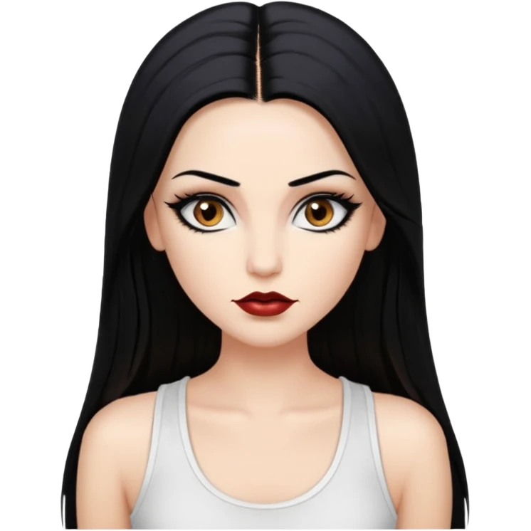 White woman with a white tank top long black hair glossy middle part straight long hair vamp look  brown eyes eyeliner winged with lashes top and bottom white border big lips black eyebrows emoji