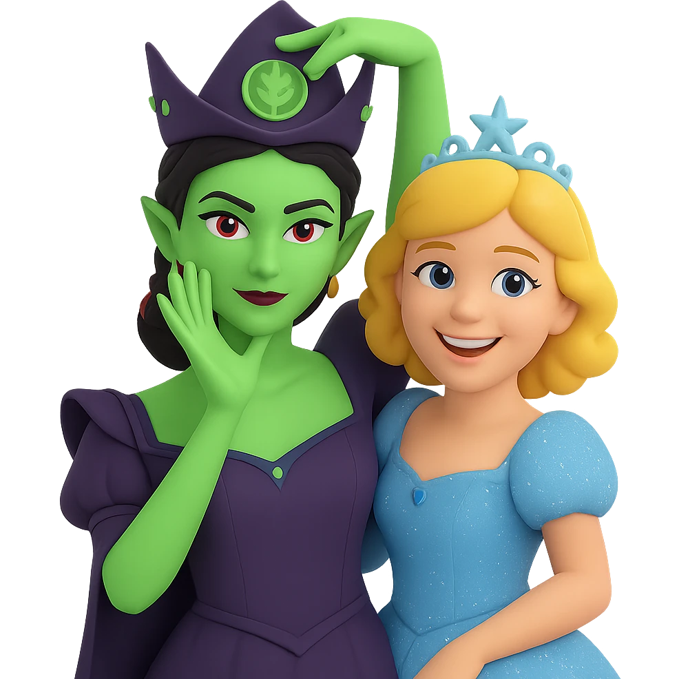 Add Glinda beside Elphaba, both in the Ozdust Ballroom scene, Glinda smiling. The style should resemble 3D emoji style with transparent background. emoji